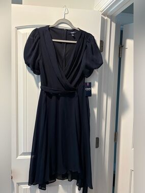 NEW Chaps Navy Puff-Sleeve Midi Wrap Dress Size 6 Belted Waist
